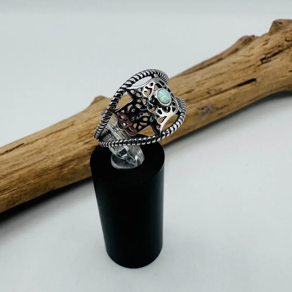 Sterling Silver Lab Opal Hamsa Ring